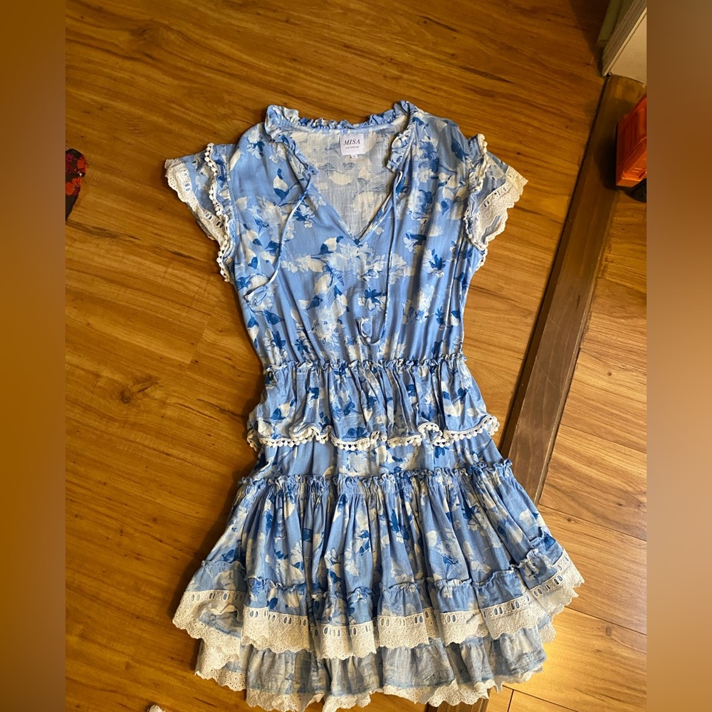 MISA Los Angeles Blue Wildfire Lilian Ruffle Mini Dress size Small